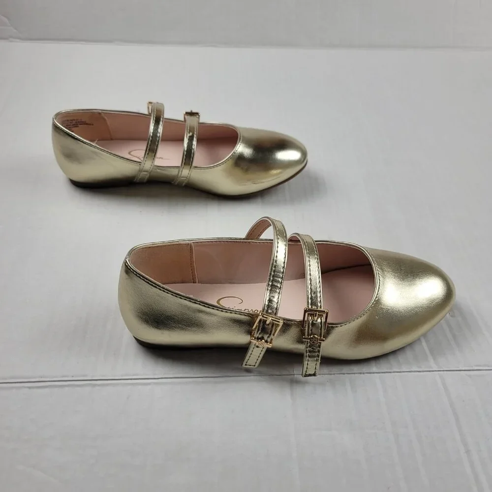 Jessica Simpson Girls Gold Mary Jane Flats Size 3.5 Double Strap Ballet Shoes